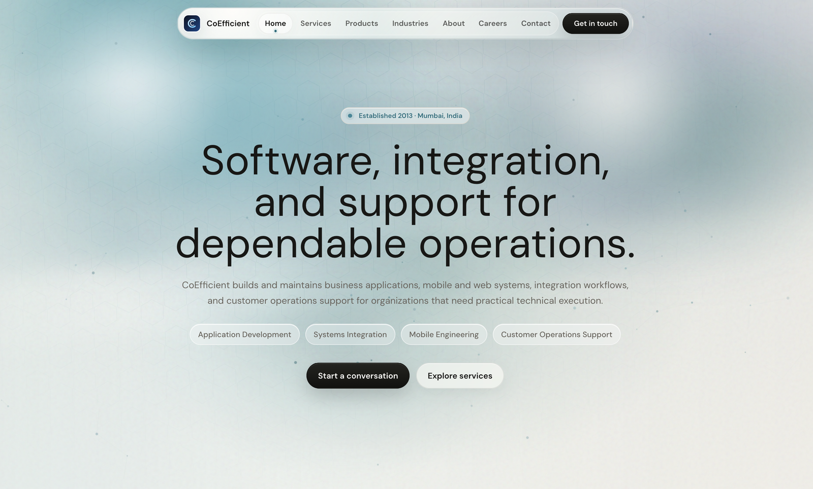 Coefficient Software Systems homepage with product navigation and a software services hero