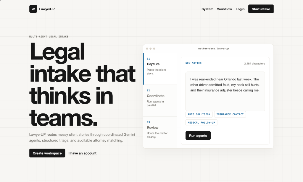 LawyerUP legal intake workspace with case summary and attorney matching panels